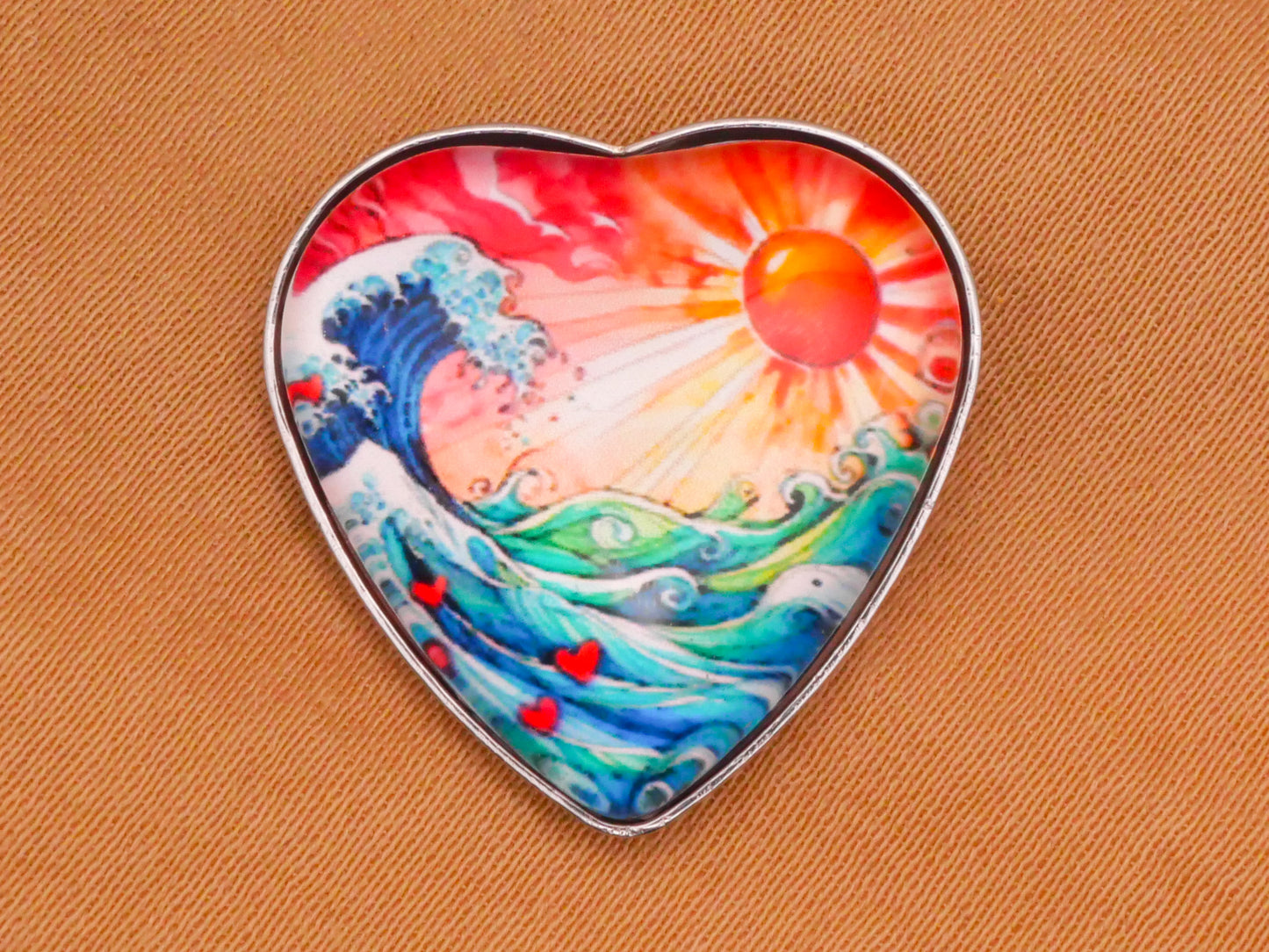 Wave Ocean Sun Landscape Heart Shape Metal Resin Plastic Button 21mm