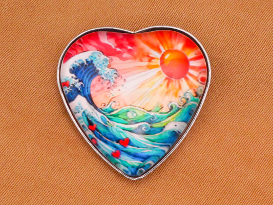Wave Ocean Sun Landscape Heart Shape Metal Resin Plastic Button 21mm