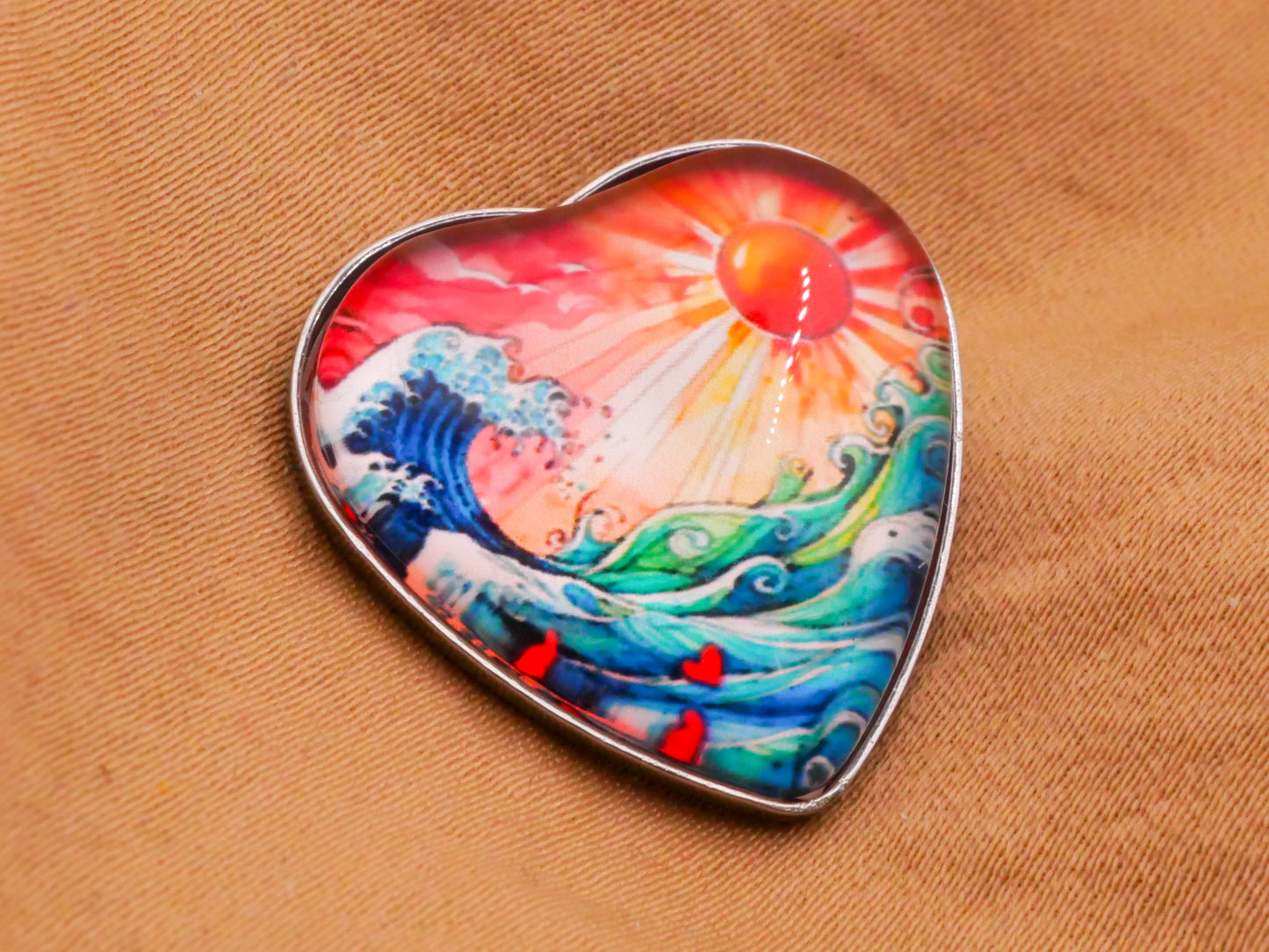Wave Ocean Sun Landscape Heart Shape Metal Resin Plastic Button 21mm