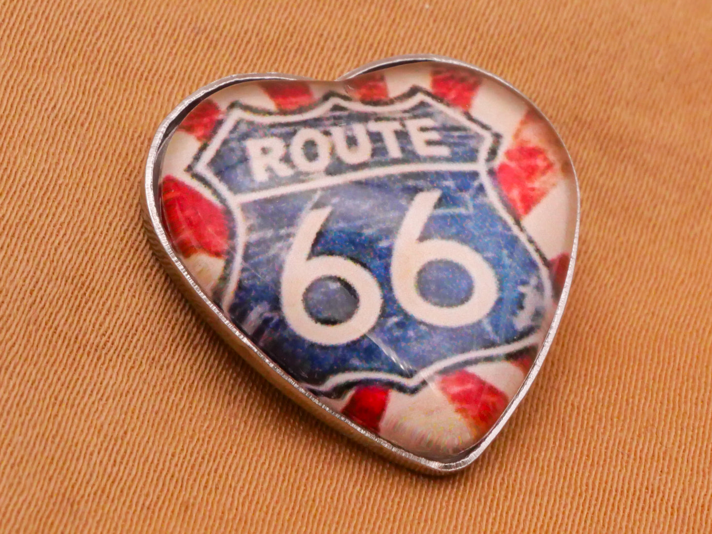 Route 66 Sign Stripes Heart Plastic Metal Button 21mm