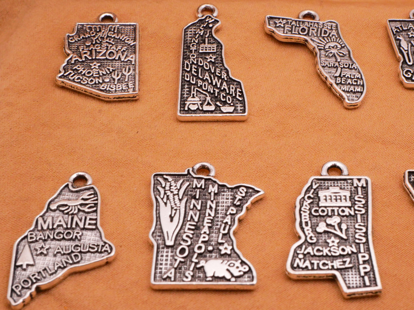 US States Double-Sided Silver Colored Metal Charm Embellishment Various 12-27mm