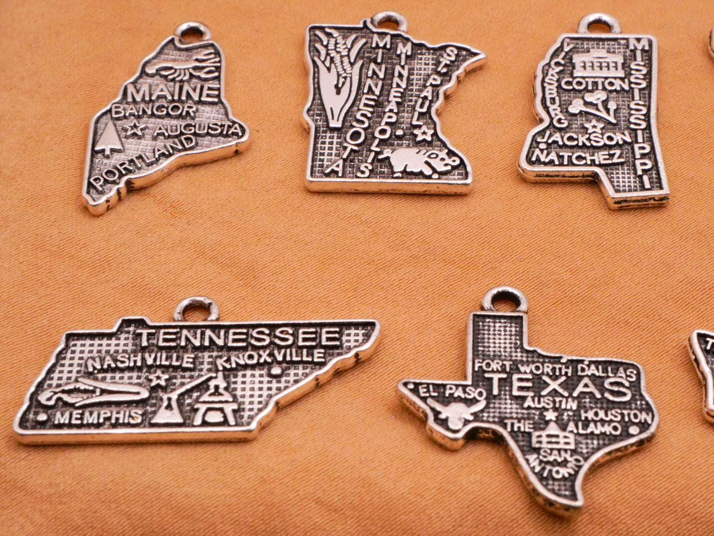 US States Double-Sided Silver Colored Metal Charm Embellishment Various 12-27mm