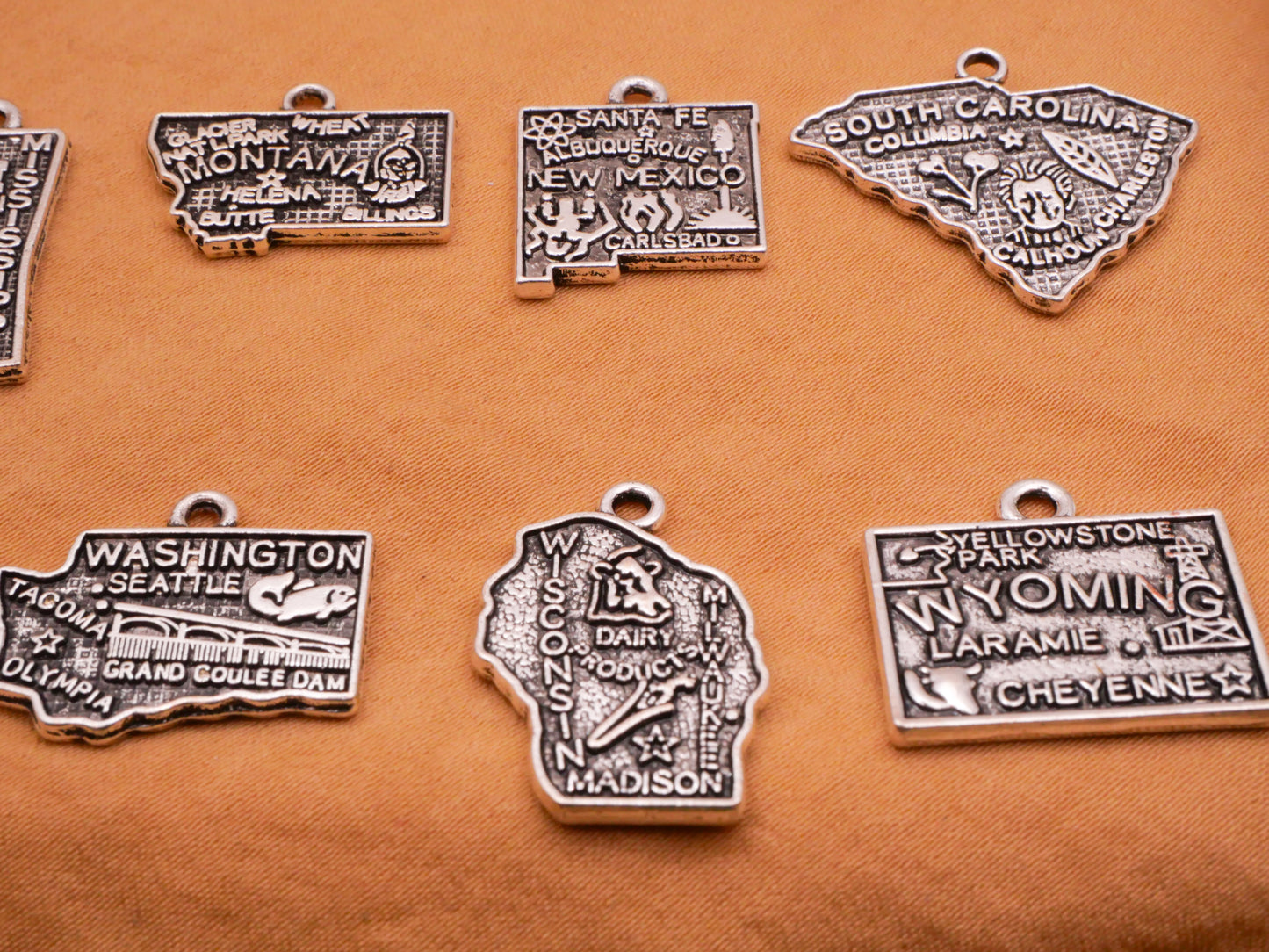 US States Double-Sided Silver Colored Metal Charm Embellishment Various 12-27mm