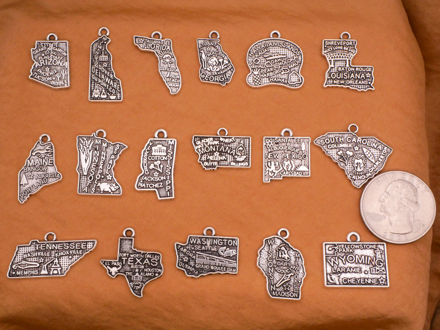 US States Double-Sided Silver Colored Metal Charm Embellishment Various 12-27mm