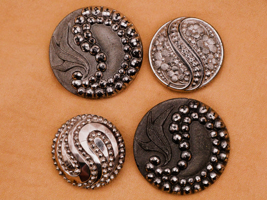 Paisley Leaf Steel-Cut Look Silver Luster Black Glass Button Various 21-28mm