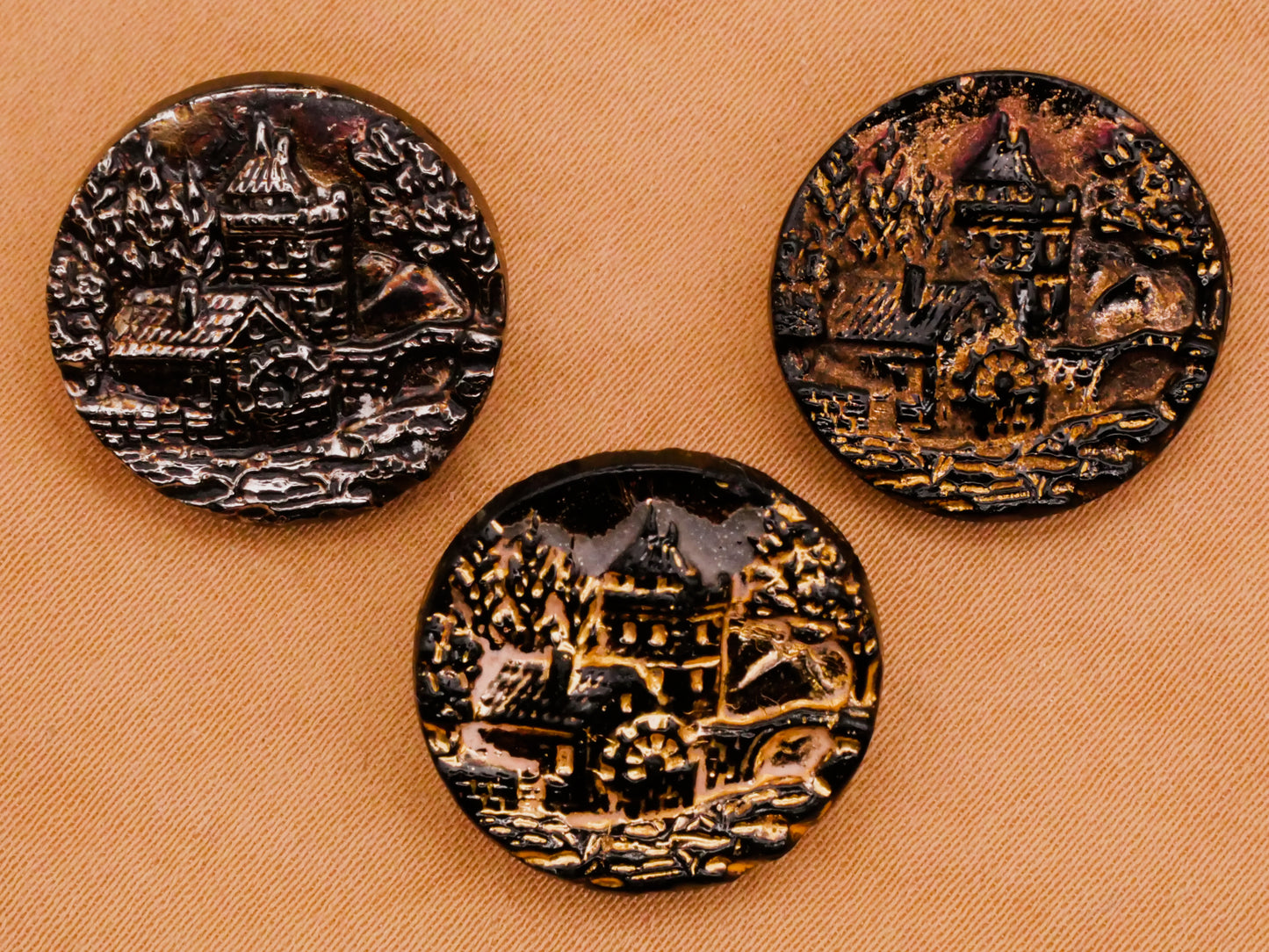 Mill Castle Bridge Landscape Luster Black Glass Button Various 18mm