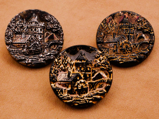 Mill Castle Bridge Landscape Luster Black Glass Button Various 18mm