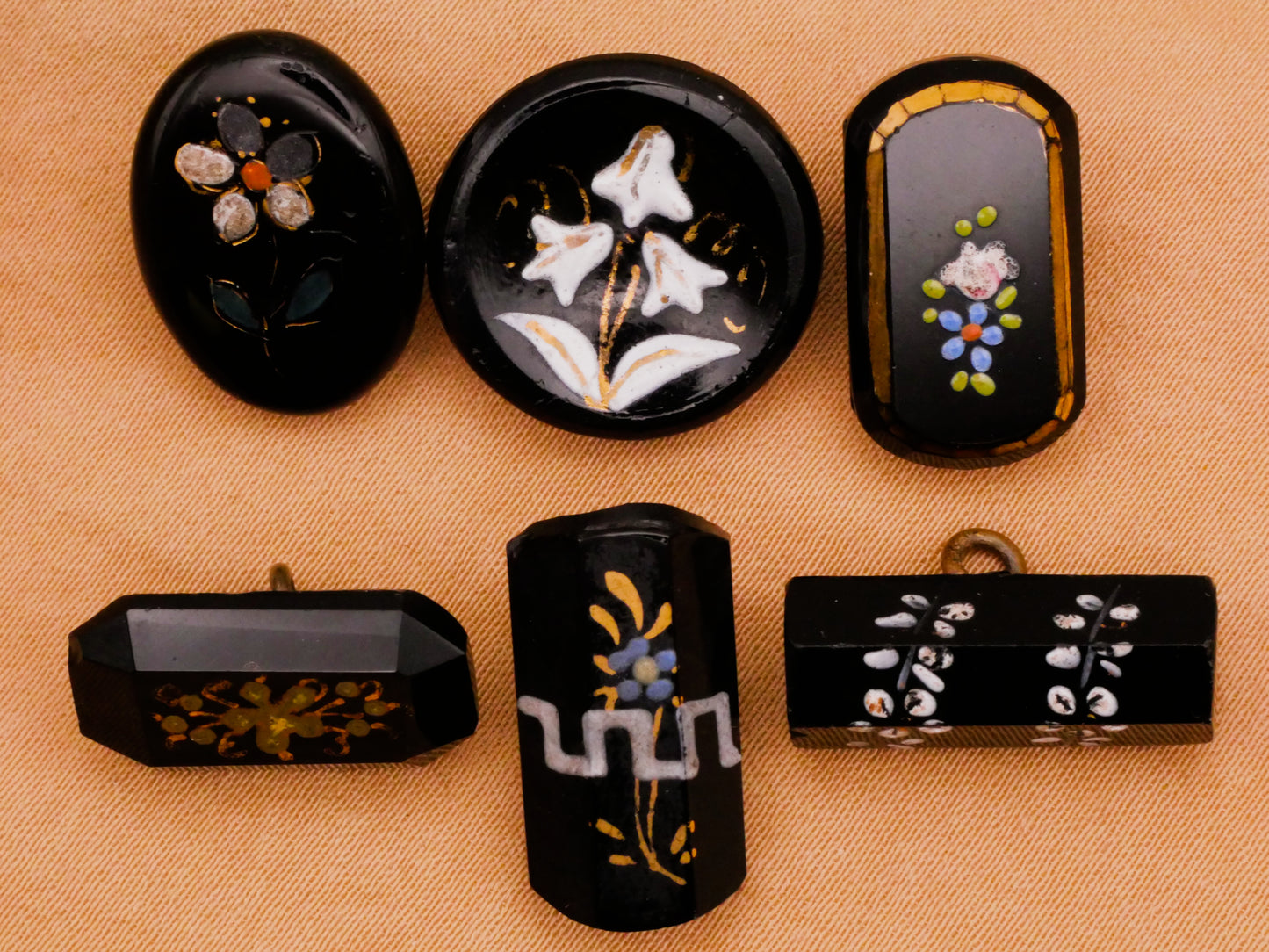 Flower Floral Hand-Painted Black Glass Button Various 8-19mm