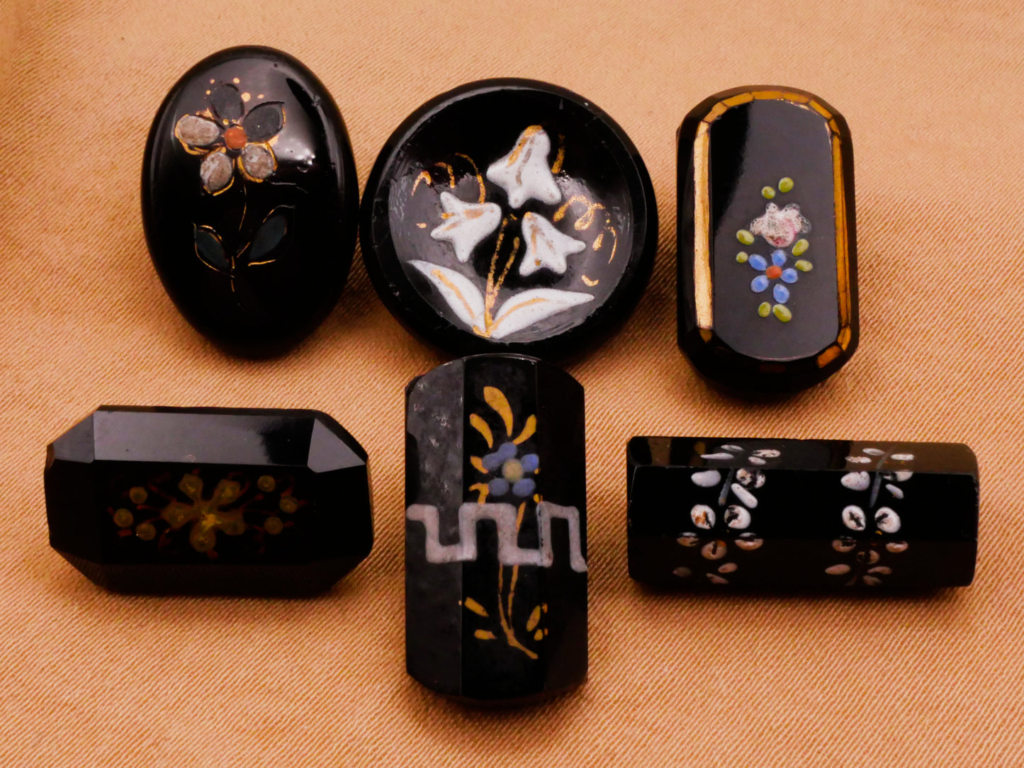 Flower Floral Hand-Painted Black Glass Button Various 8-19mm