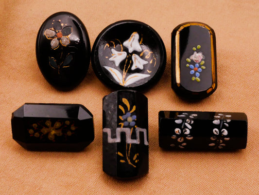 Flower Floral Hand-Painted Black Glass Button Various 8-19mm