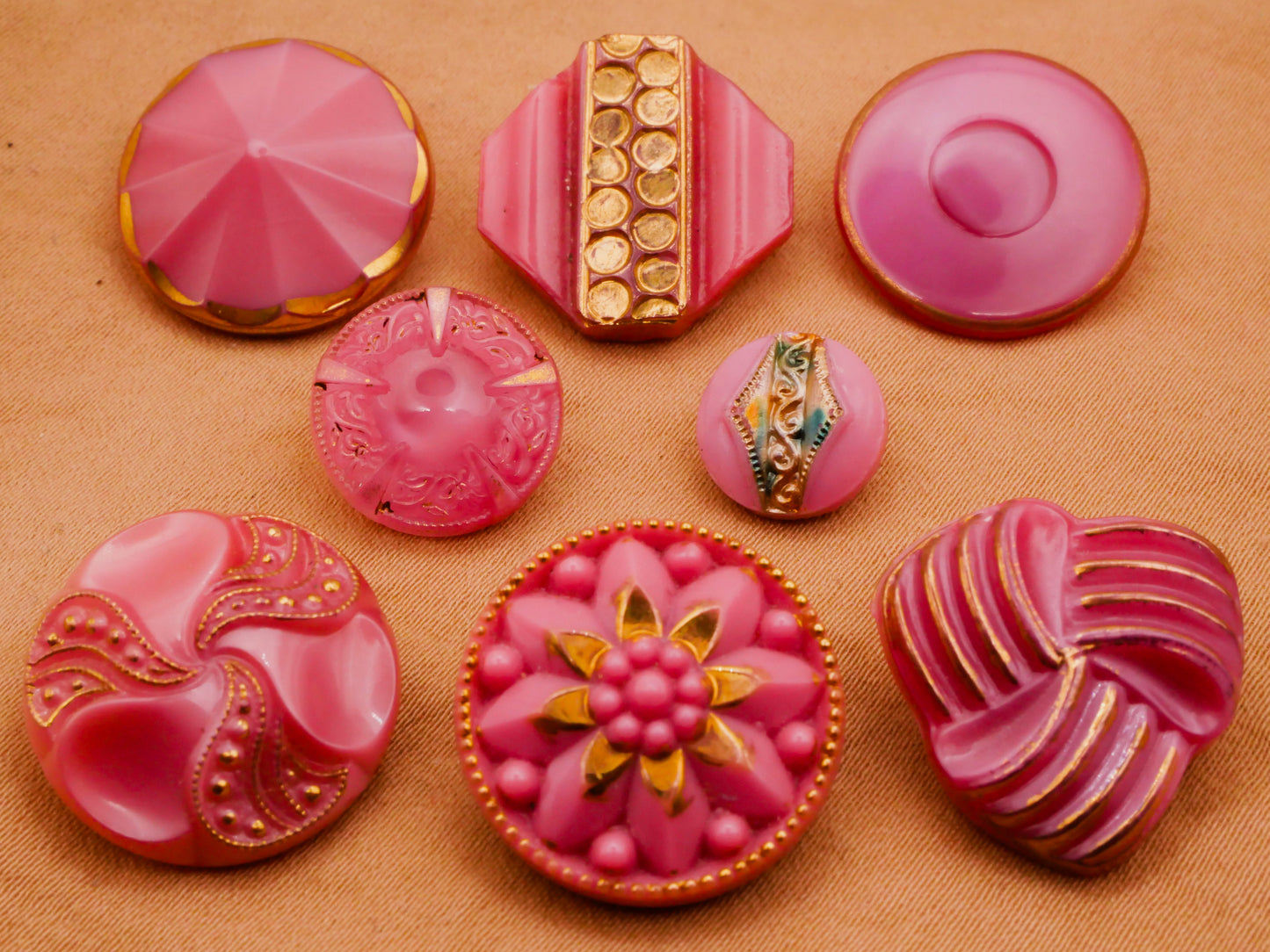 Pink Gold Accent Vintage Glass Button Various 10-19mm