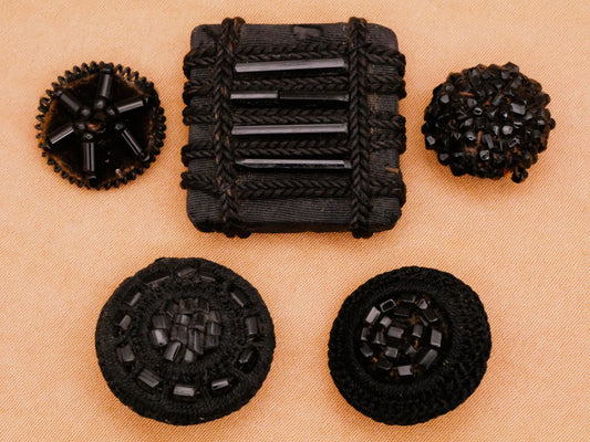Thread-Back Black Fabric Glass Beads Victorian Button Various 14-24mm