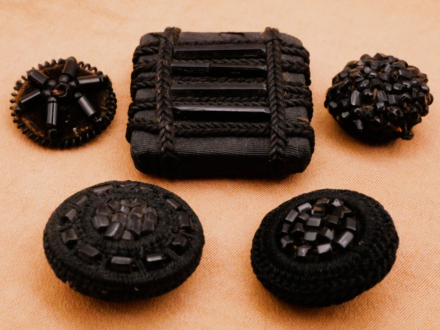 Thread-Back Black Fabric Glass Beads Victorian Button Various 14-24mm