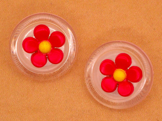 Red Flower Lucite Look Modern Plastic Pair of Buttons 18mm