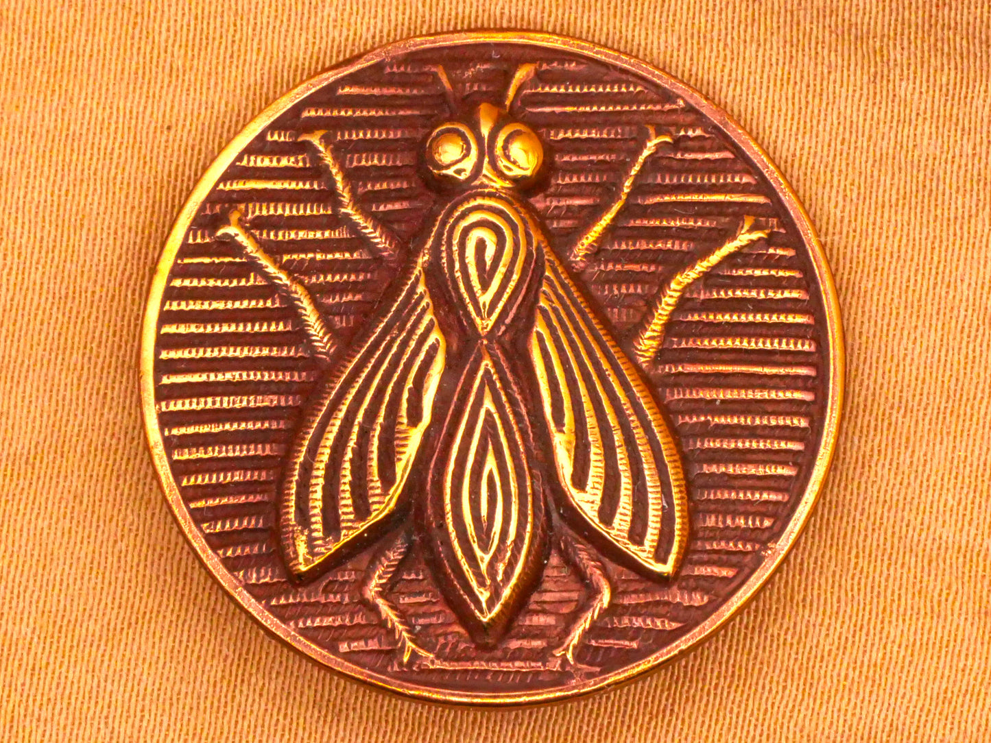 Fly Winged Insect Stripe Woodgrain Red Tinted Brass Metal Button 27mm