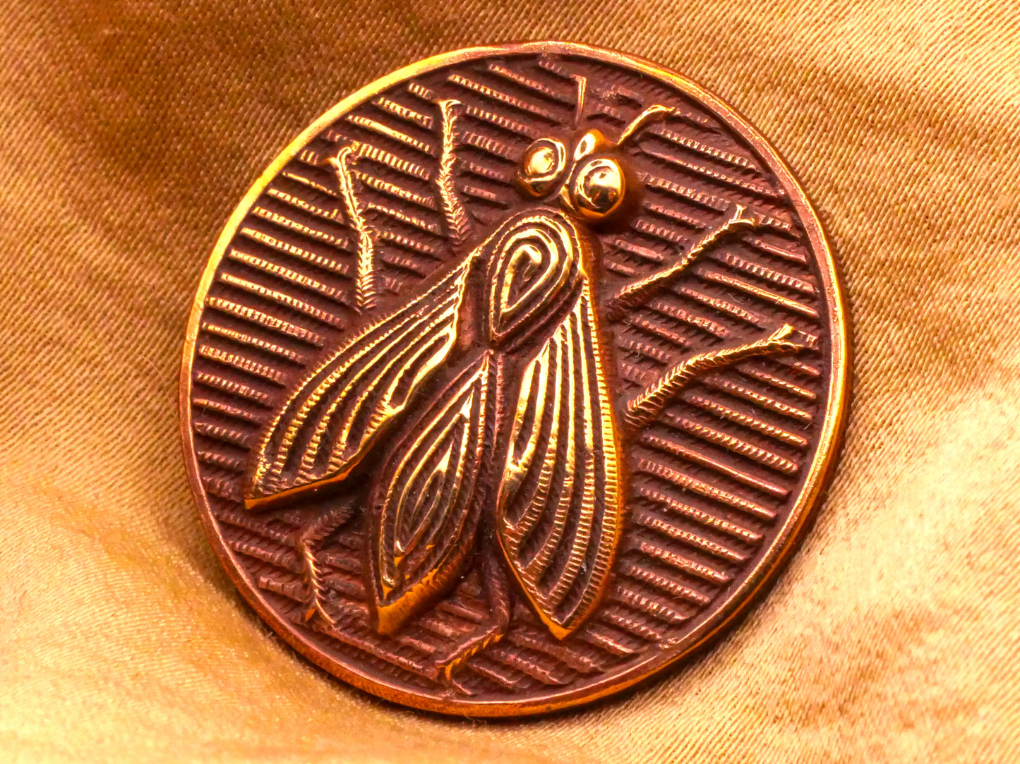 Fly Winged Insect Stripe Woodgrain Red Tinted Brass Metal Button 27mm