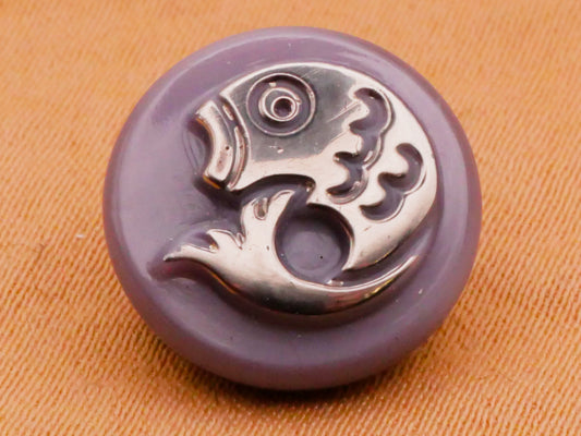 Fish Silver Purple Vintage Glass Button 14mm