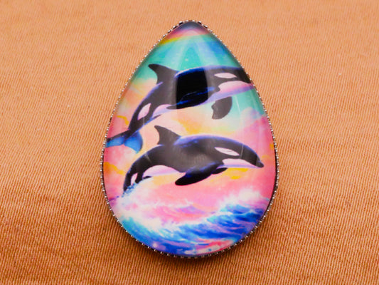 Orca Whale Ocean Scene Lisa Frank Look Teardrop Plastic Metal Button 19x25mm