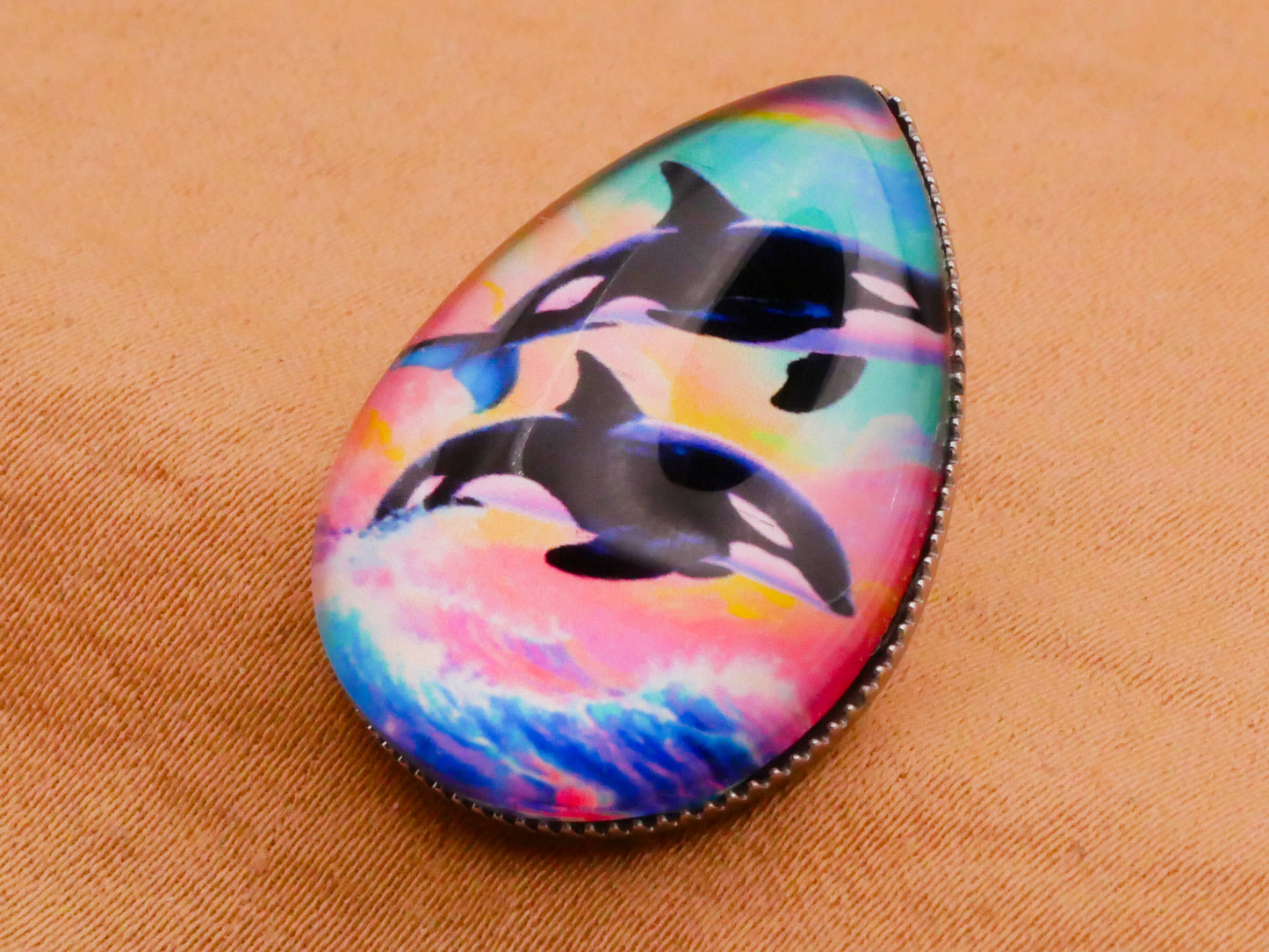 Orca Whale Ocean Scene Lisa Frank Look Teardrop Plastic Metal Button 19x25mm