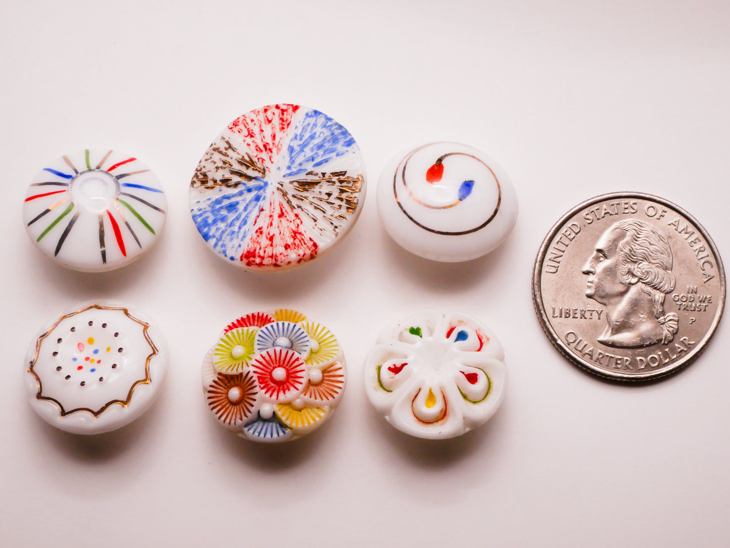 Firework Look Hand-Painted White Glass Vintage Button Various 18-23mm