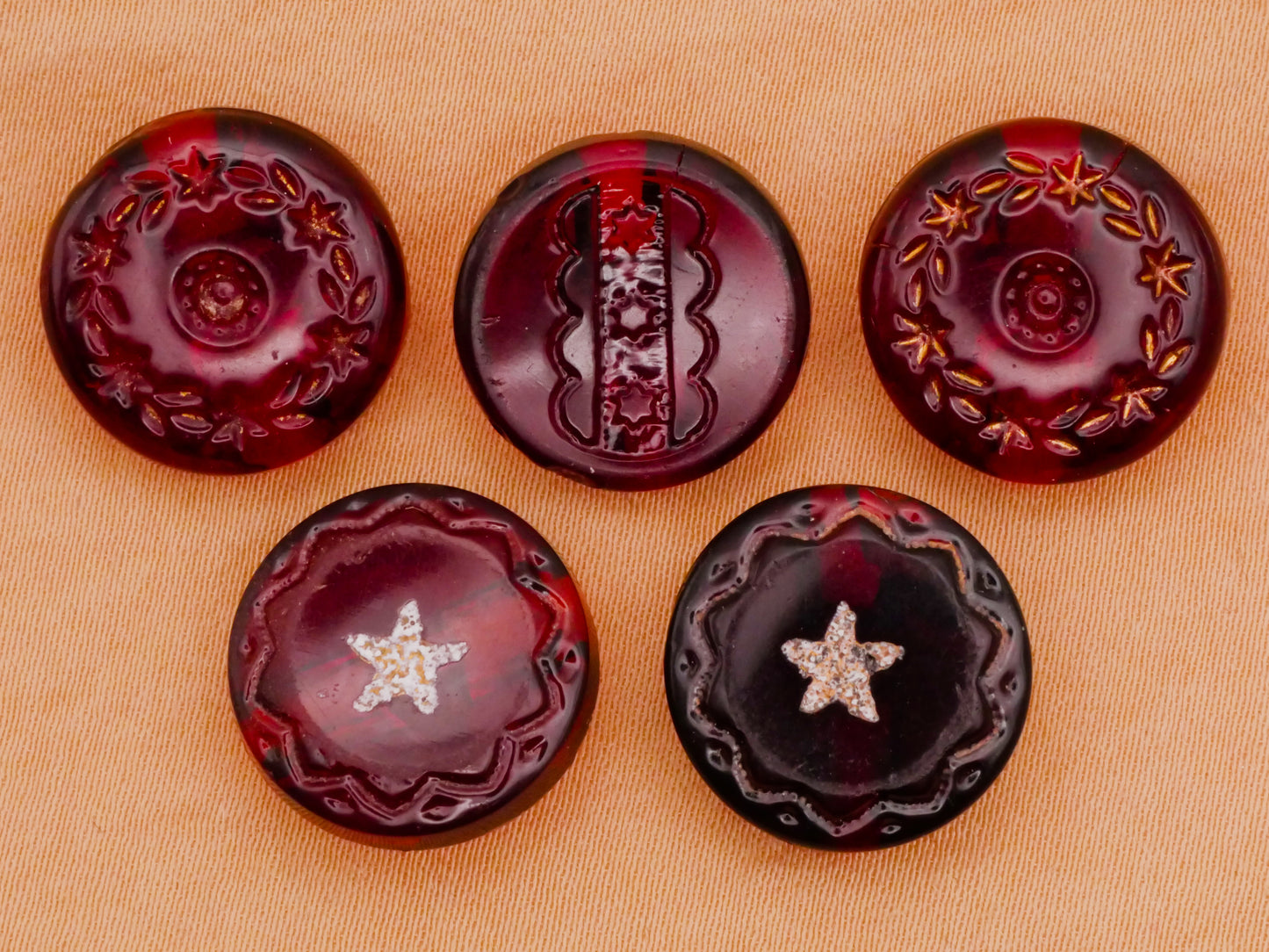 Star Design Antique Cranberry Red Glass Button Various 16mm
