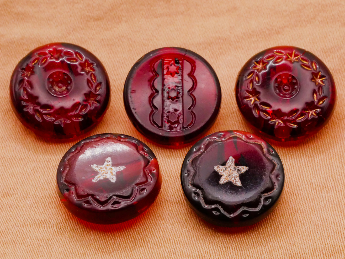 Star Design Antique Cranberry Red Glass Button Various 16mm