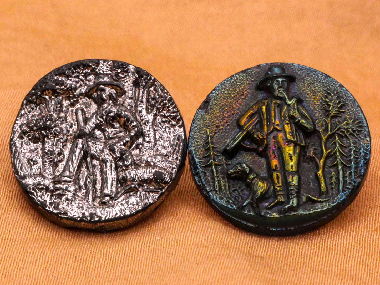Hunting Man and Dog Luster Black Glass Button Various 18mm