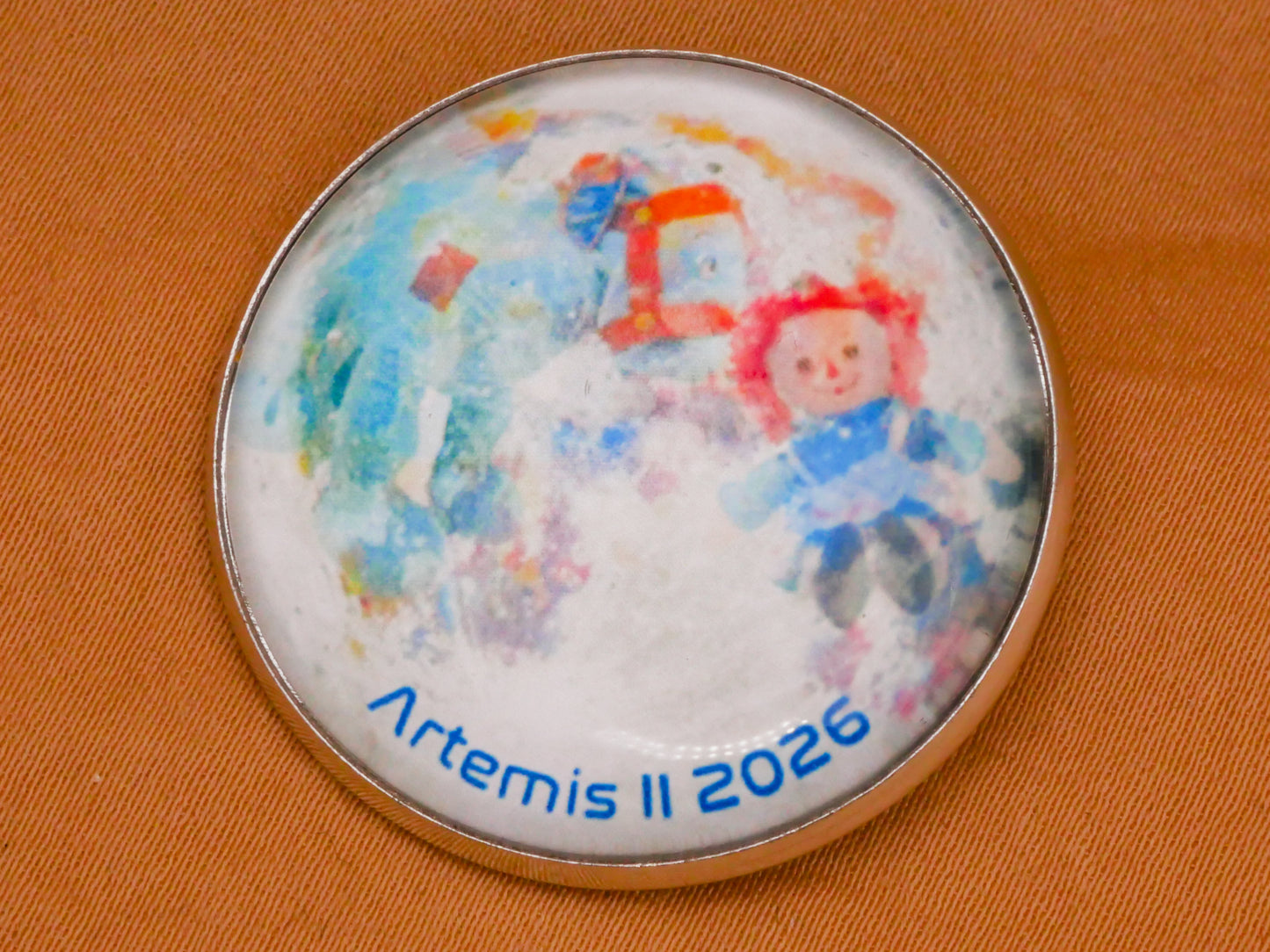 Artemis II Raggedy Ann Back Side of The Moon Glass Dome Silver Metal Button 32mm