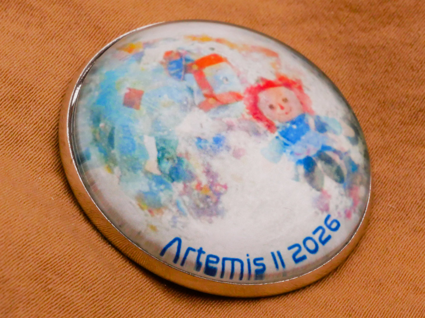 Artemis II Raggedy Ann Back Side of The Moon Glass Dome Silver Metal Button 32mm