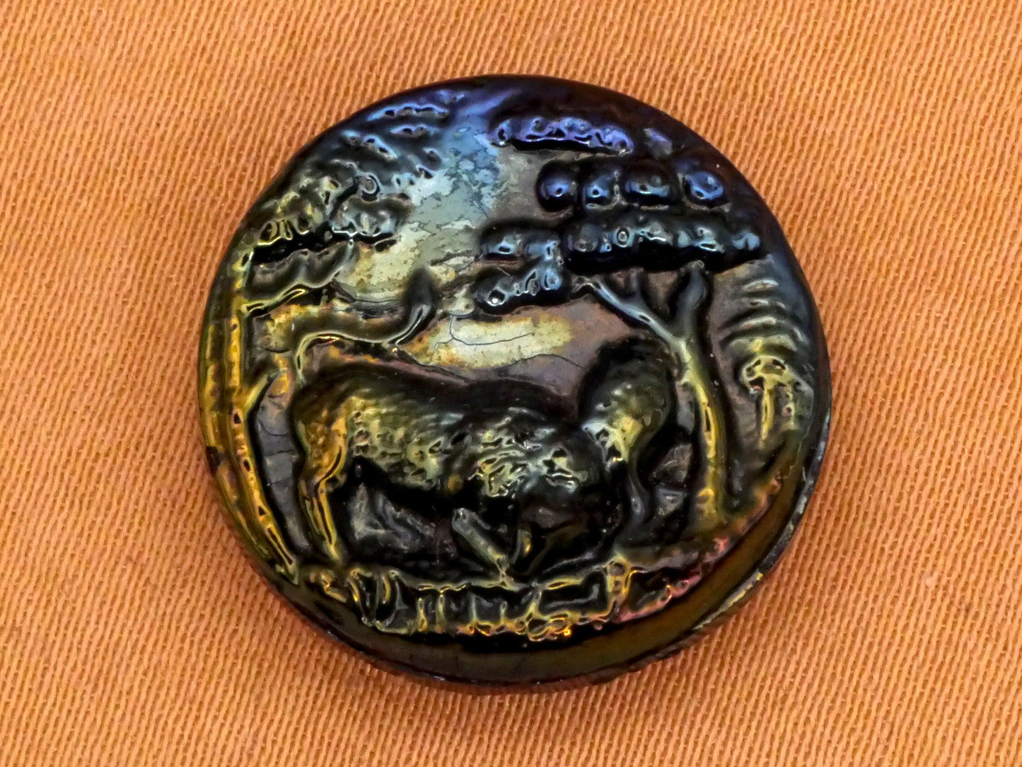 Lion Sheep Blue Green Luster Black Glass Button 18mm