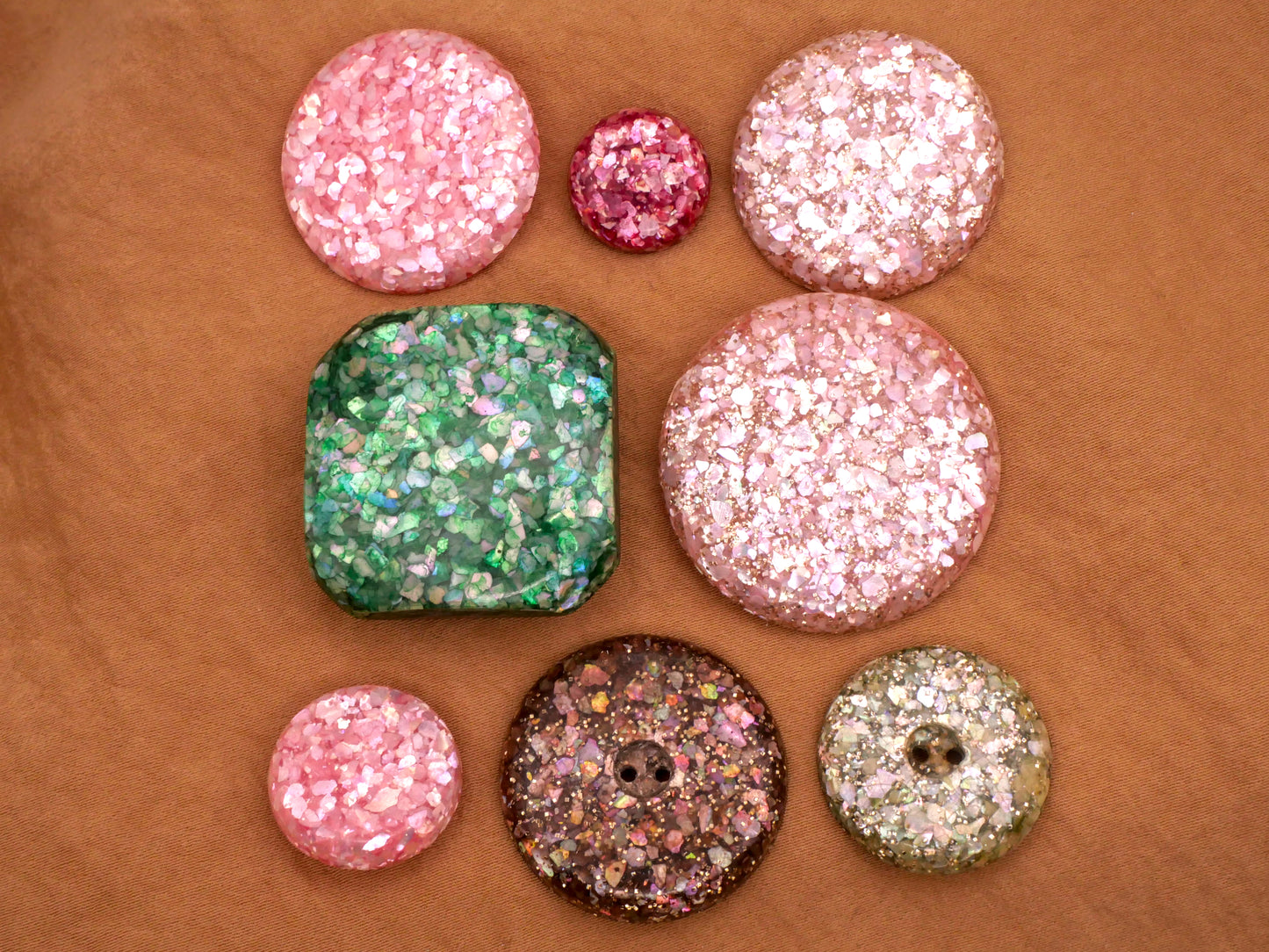 Crushed Shell Glitter Resin Vintage Pink or Green Button Various 15-35mm