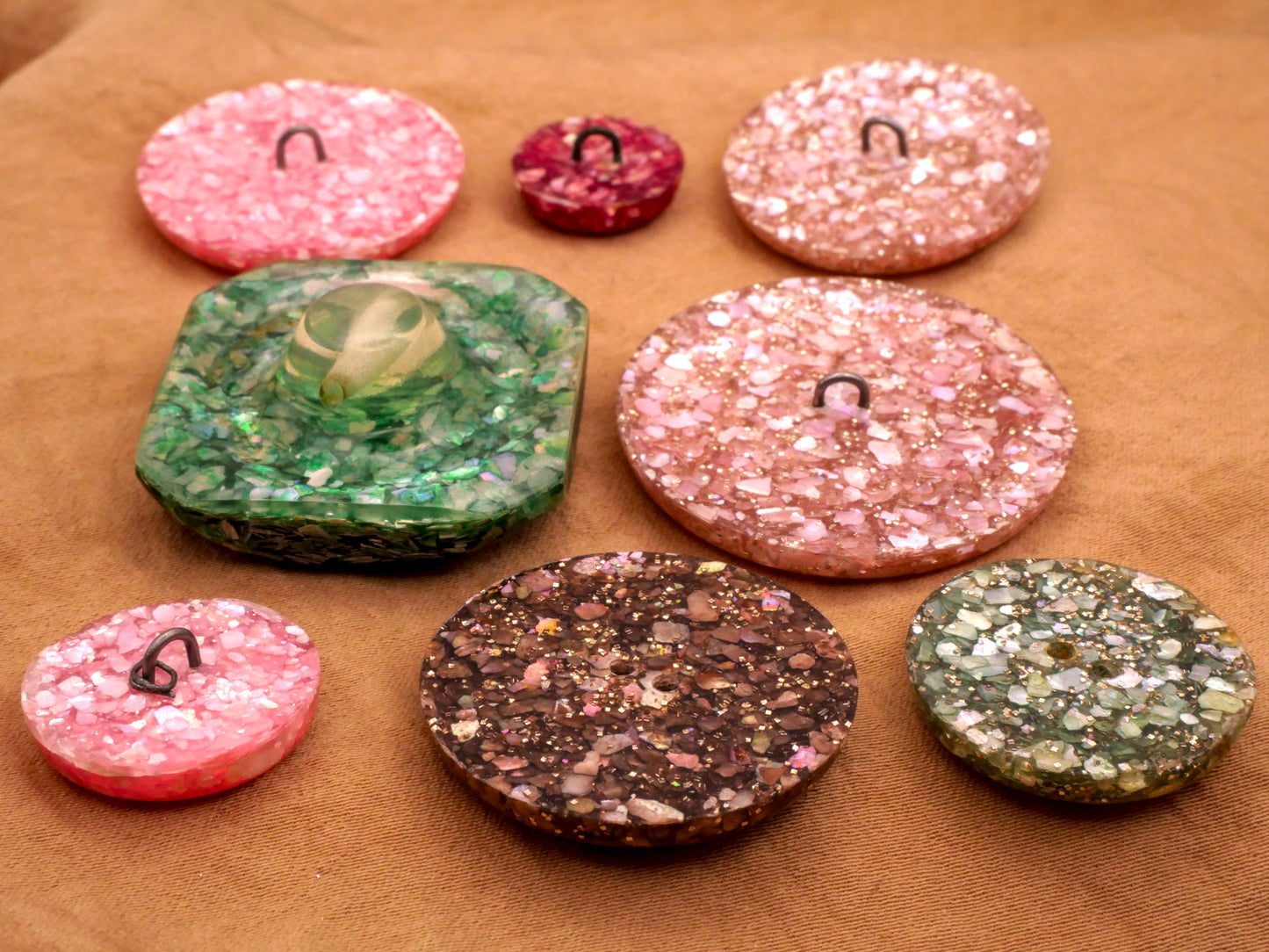 Crushed Shell Glitter Resin Vintage Pink or Green Button Various 15-35mm