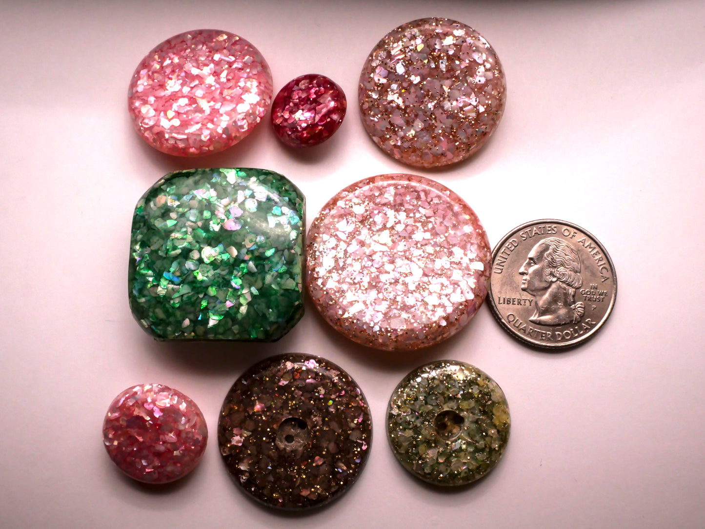 Crushed Shell Glitter Resin Vintage Pink or Green Button Various 15-35mm