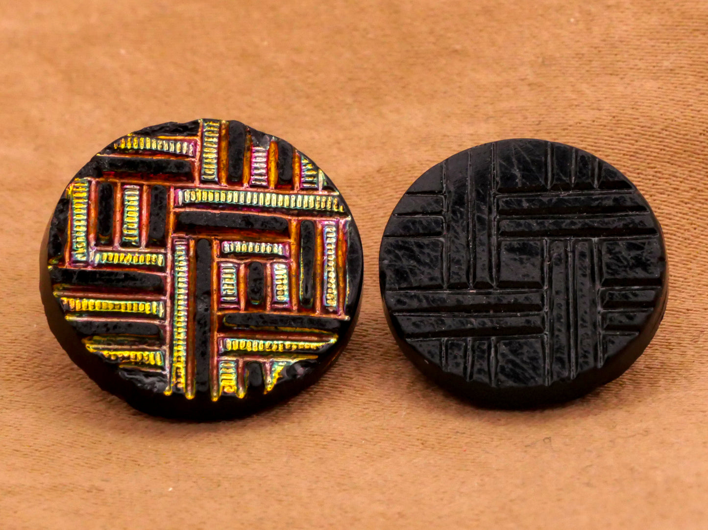 Plaid Woven Look Black Glass Button Various 16-18mm