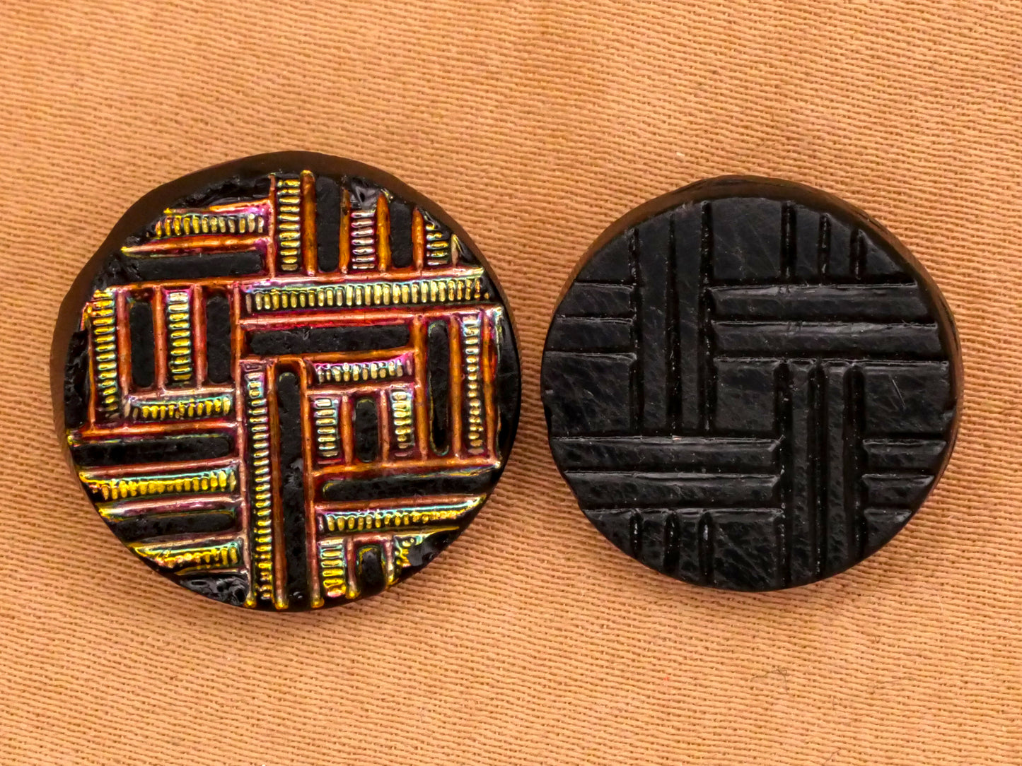 Plaid Woven Look Black Glass Button Various 16-18mm
