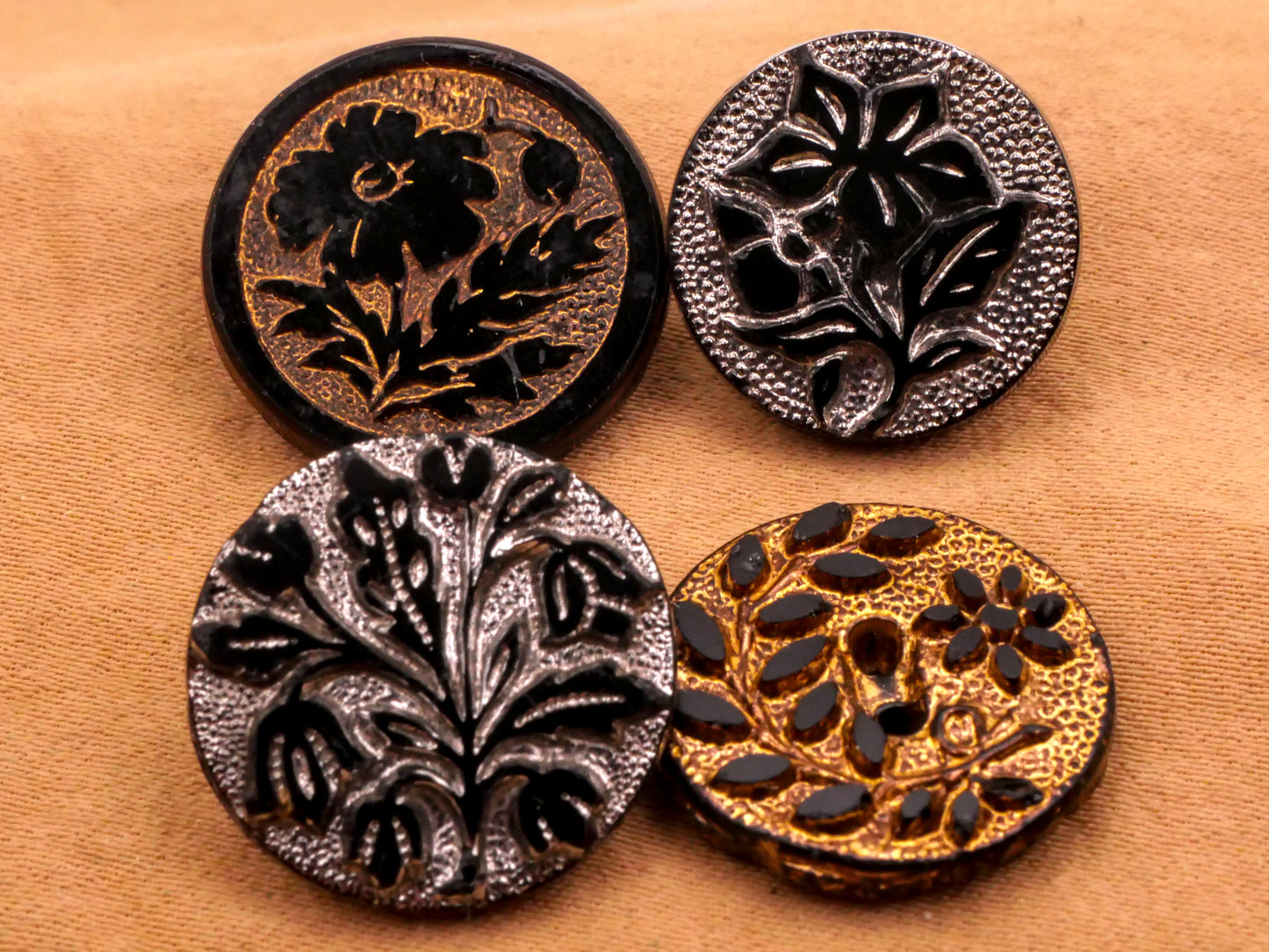Flower Metallic Luster Black Glass Button Various 16-19mm