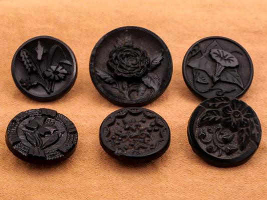 Flower Intricate Details Black Glass Button Various 14-17mm