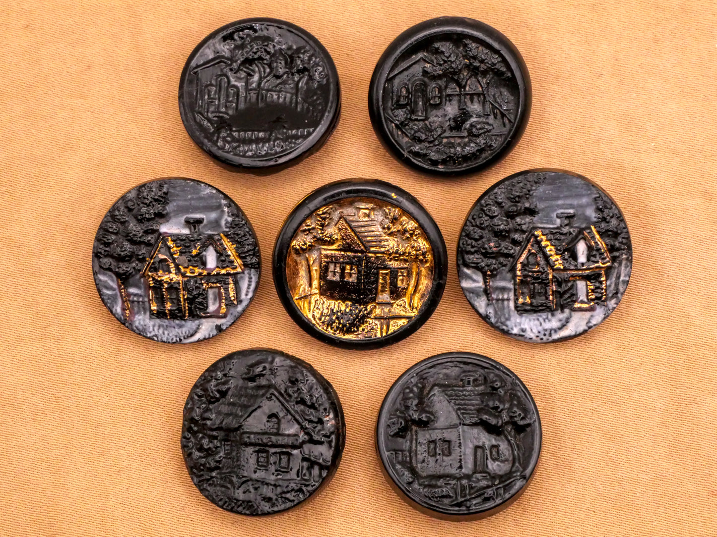 Home Cottage Fence Scene Black Glass Button Various 17-18mm