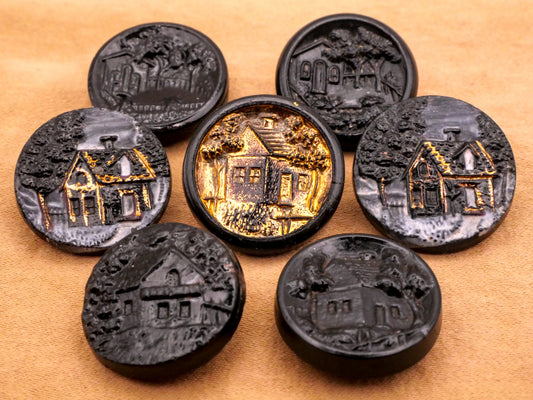 Home Cottage Fence Scene Black Glass Button Various 17-18mm
