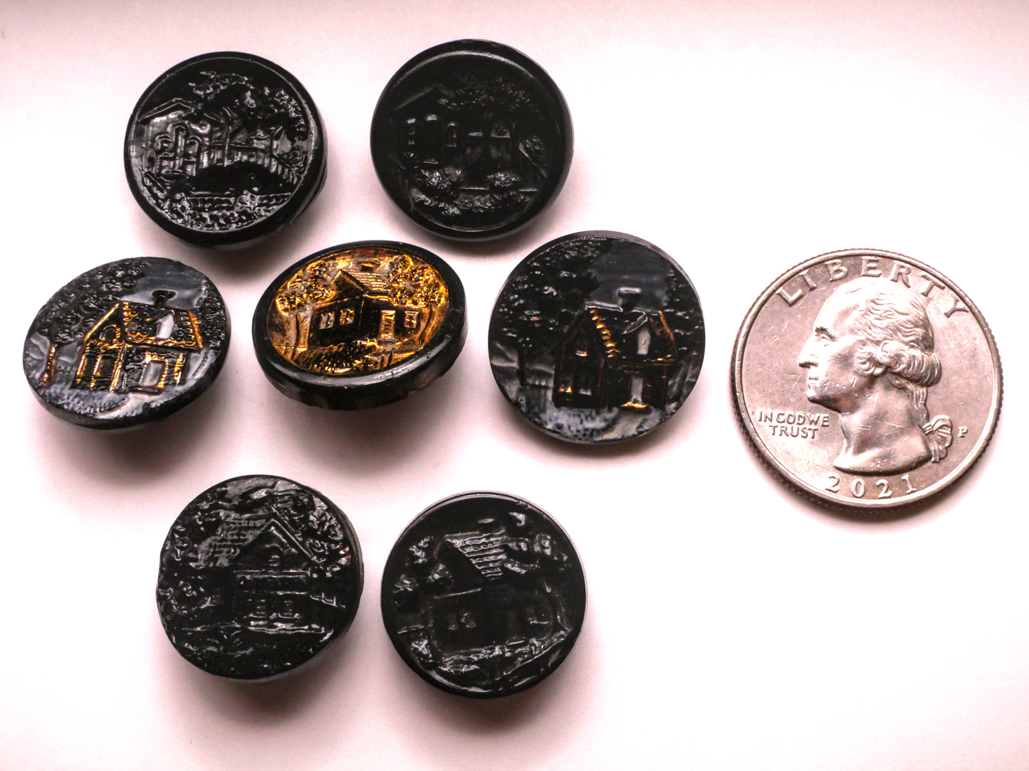 Home Cottage Fence Scene Black Glass Button Various 17-18mm