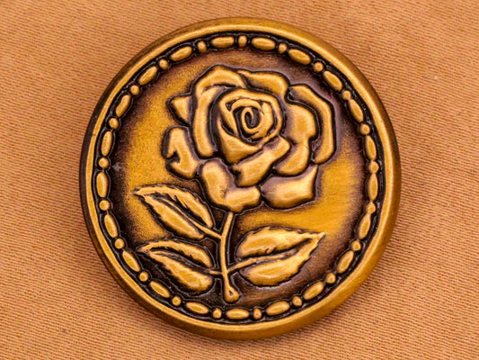 Rose Flower Stem Brass Colored Metal Vintage Button 27mm