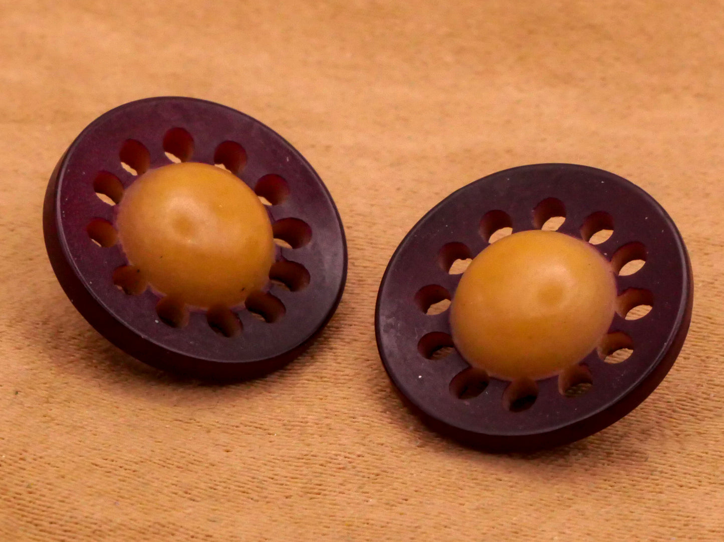 Purple Tan Pierced Vegetable Ivory Tagua Nut Pair of Buttons 14mm