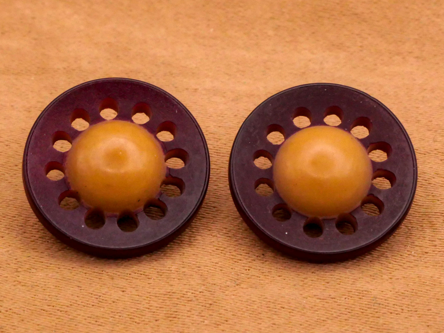 Purple Tan Pierced Vegetable Ivory Tagua Nut Pair of Buttons 14mm