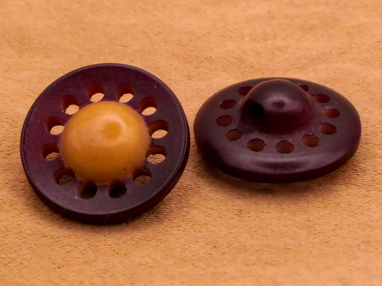 Purple Tan Pierced Vegetable Ivory Tagua Nut Pair of Buttons 14mm