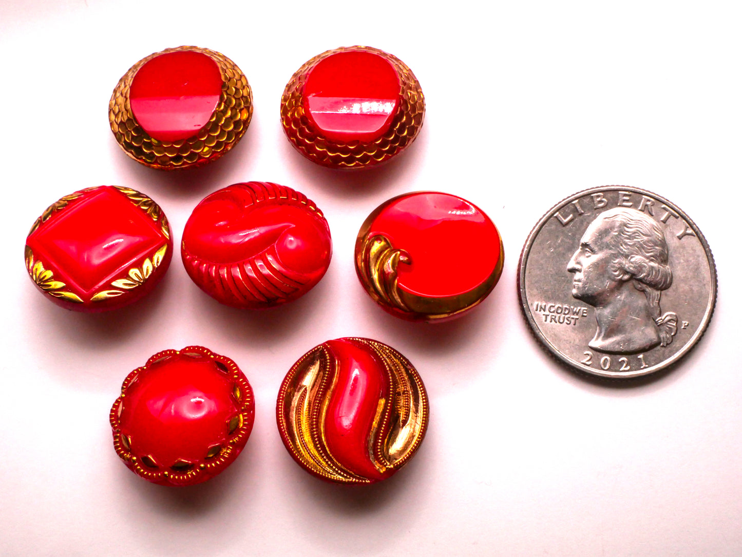 Vibrant Red Gold Accent Vintage Glass Button Various 18mm