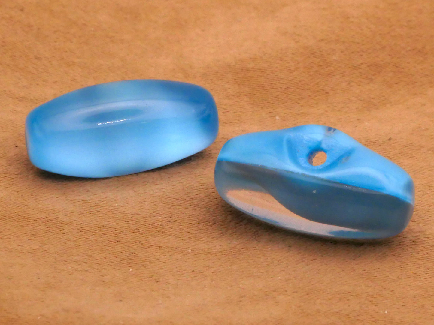 Aqua Blue Oblong Vintage Glass Pair of Buttons 9x19mm