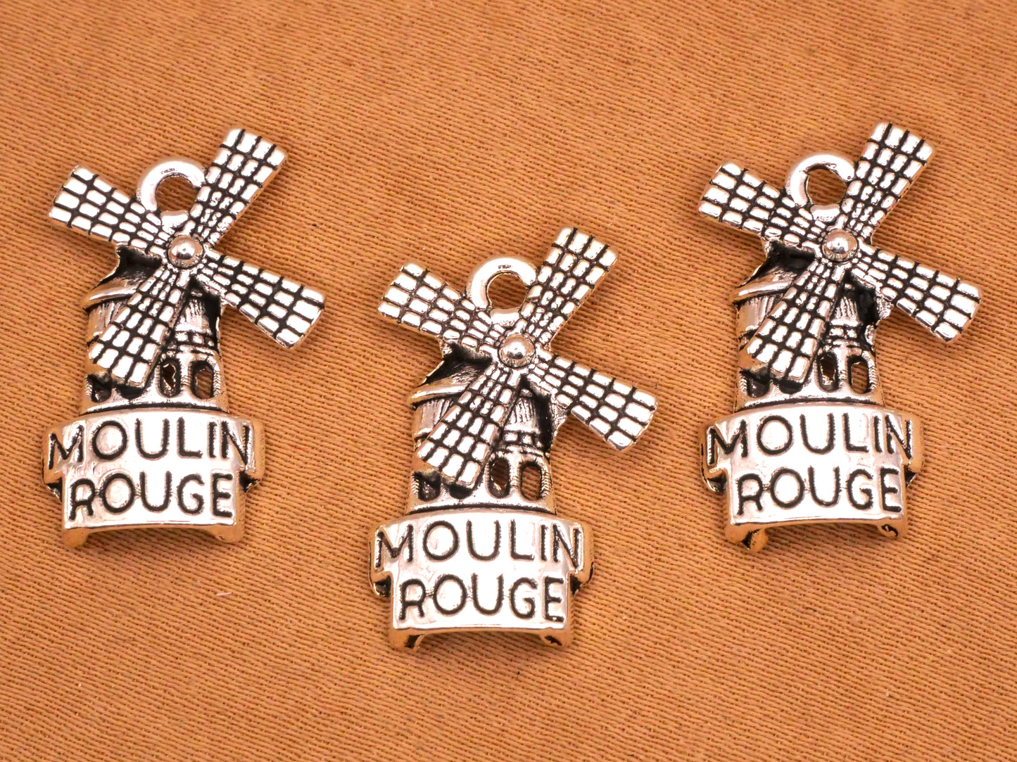 Moulin Rouge Windmill Verbal Silver Metal Set of Three Charms Embellishments 14x21mm