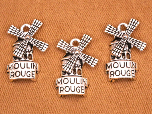 Moulin Rouge Windmill Verbal Silver Metal Set of Three Charms Embellishments 14x21mm