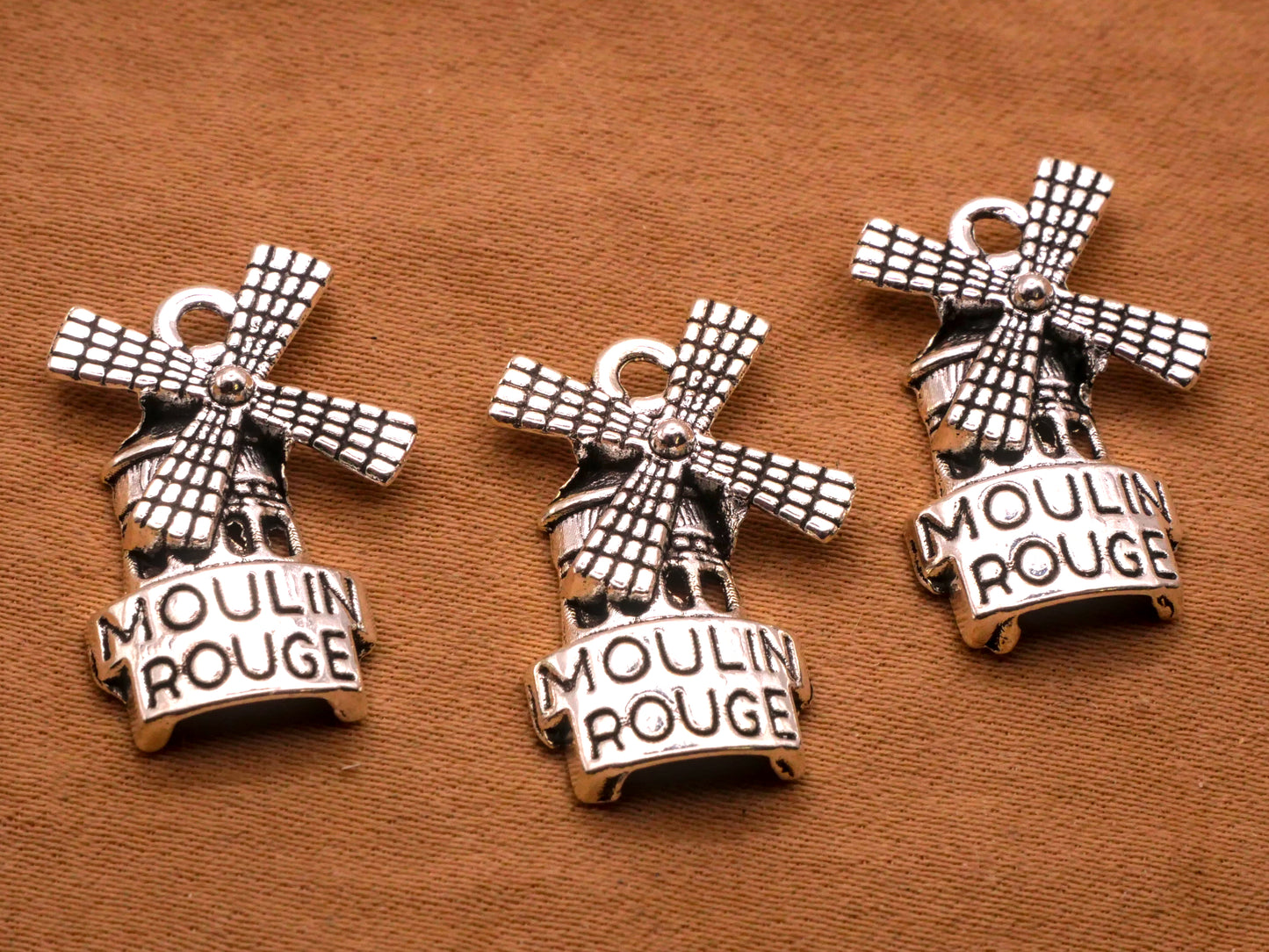 Moulin Rouge Windmill Verbal Silver Metal Set of Three Charms Embellishments 14x21mm