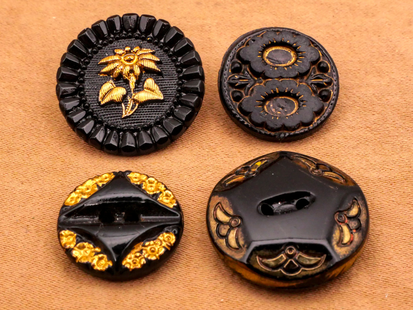 Flower Black Gold Glass Button Various 14-18mm
